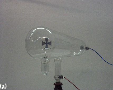 (a) Thomson's cathode ray tube experiment. (b) When a voltage is applied, a beam of particles produces shadow from the cross in the center. (c–d) A magnet bends the ray, indicating that the beam is made of charged particles.